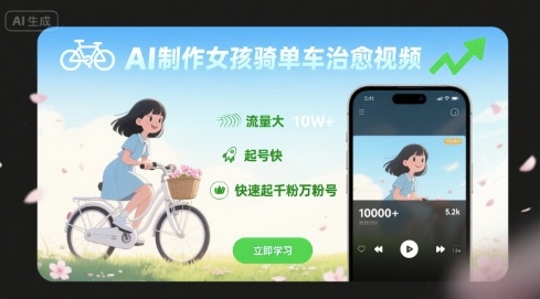 AI制作女孩骑单车治愈视频，流量大，起号快，快速起千粉万粉号-众创网