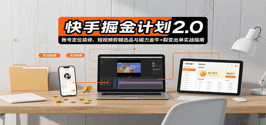 快手掘金计划2.0，账号定位装修、短视频剪辑选品与磁力金牛+裂变出单实战指南-众创网