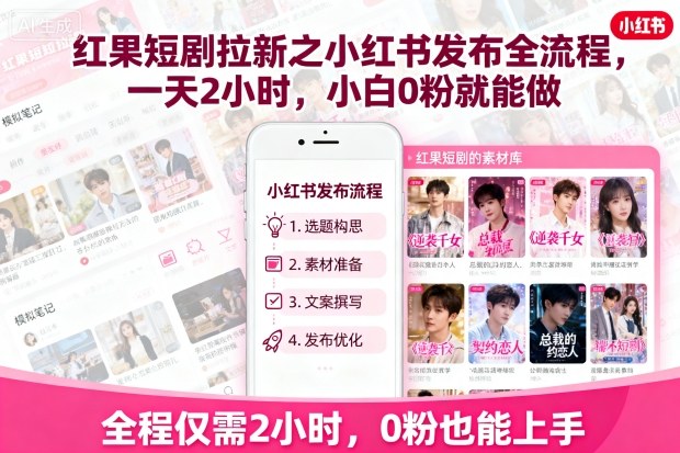 红果短剧拉新之小红书发布全流程，一天2小时，小白0粉就能做-众创网