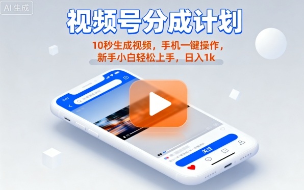 视频号分成计划懒人玩法，10秒生成视频，手机一键操作，新手小白轻松上手，日入1K【揭秘】-众创网