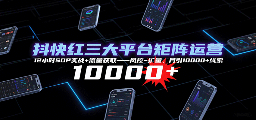 抖快红三大平台矩阵运营，12小时SOP实战+流量获取-风控-扩量，月引10000+线索-众创网